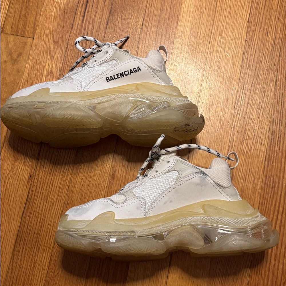 Balenciaga White and Yellowed Sole Triple S Sneakers - Picture 2 of 12